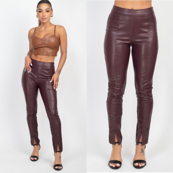 🆕Burgundy hem slit faux leather pants - Picture 1 of 11
